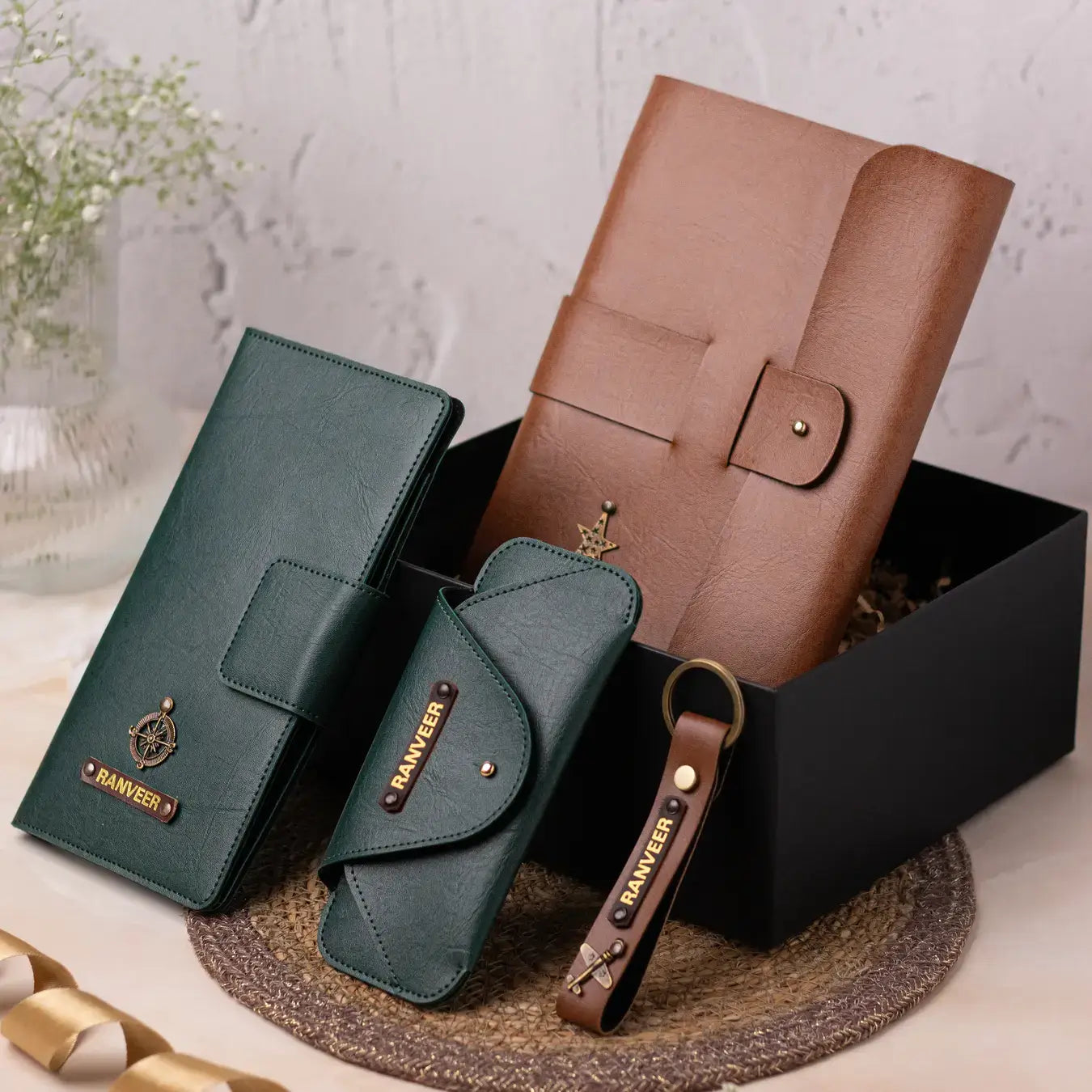 Leather gift set with notebook, wallets, and keychain