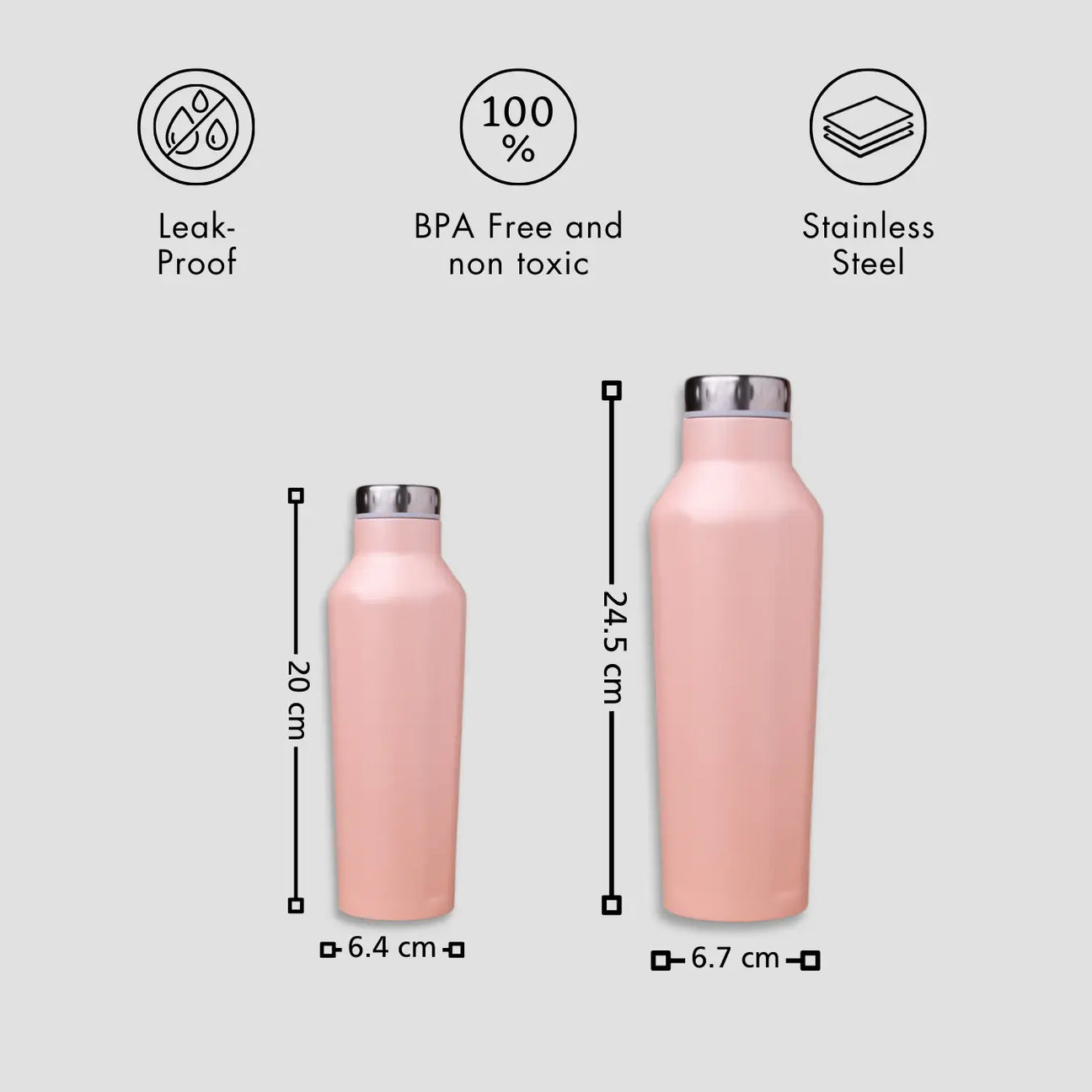 Peach stainless steel custom water bottles with dimensions