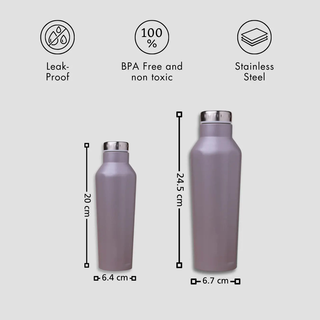Grey stainless steel custom water bottles with dimensions