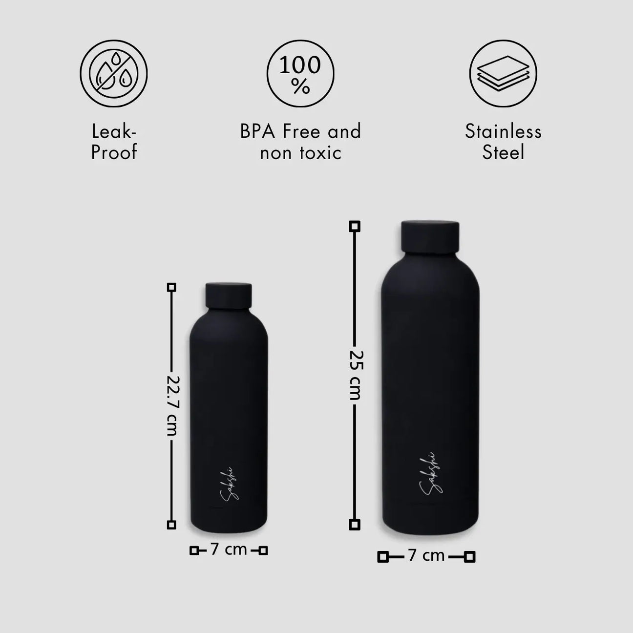 Black stainless steel custom water bottles with dimensions