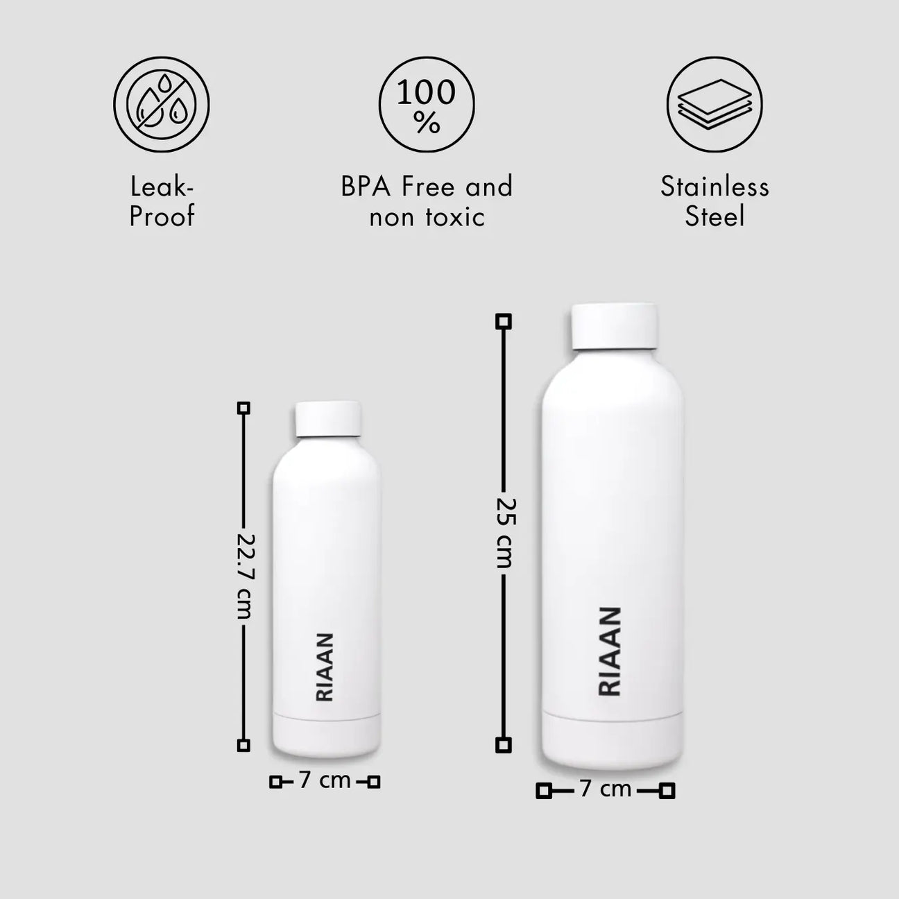 White stainless steel custom water bottles with dimensions