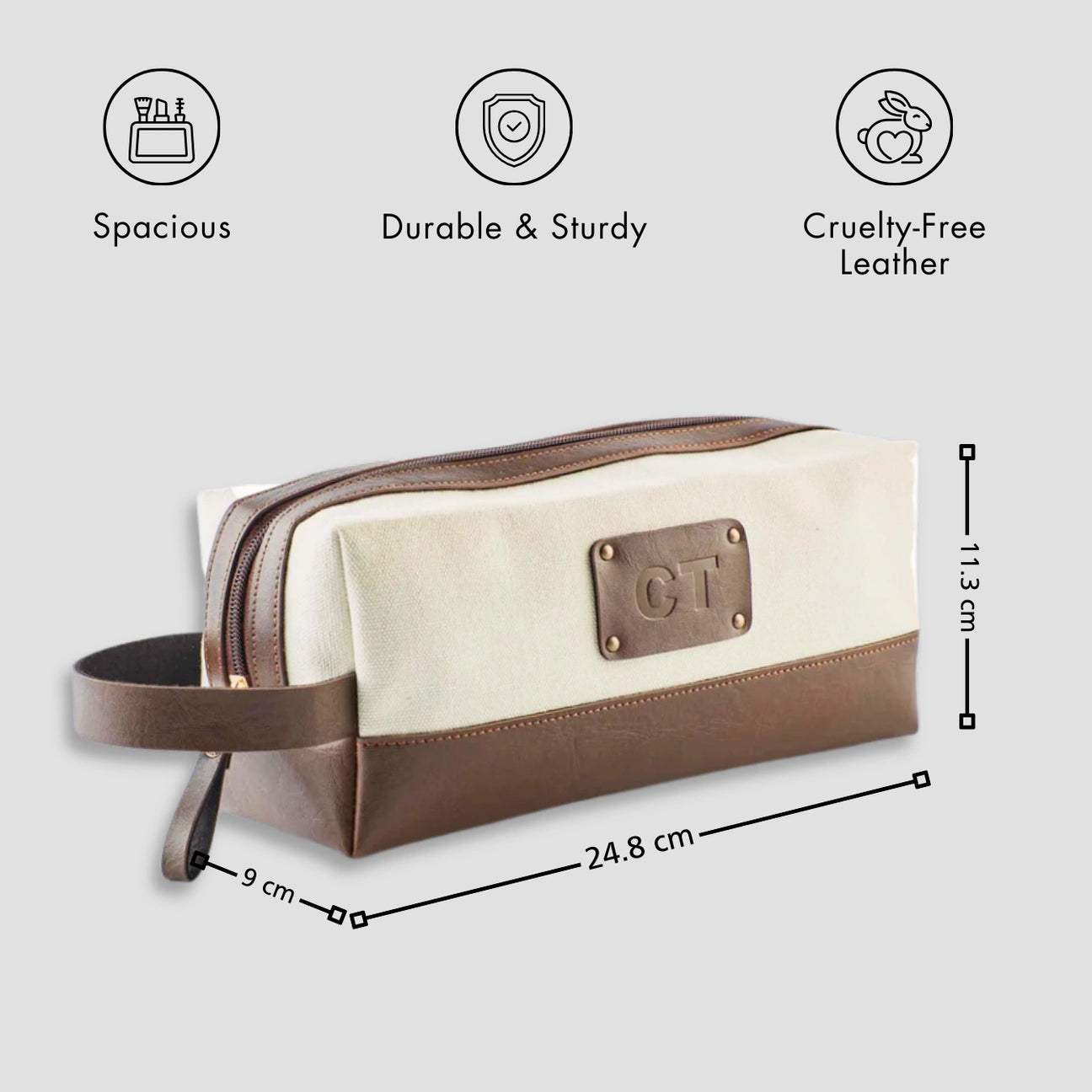 Personalised brown travel pouch with handle and size dimensions