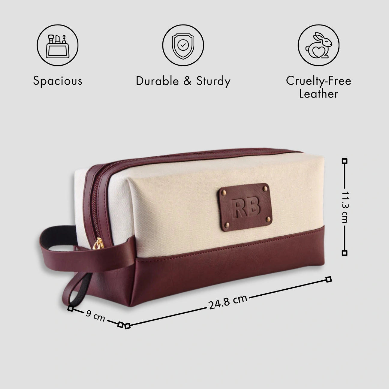 Personalised maroon travel pouch with handle and size dimensions