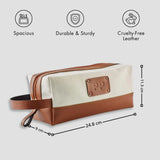 Personalised tan travel pouch with handle and size dimensions