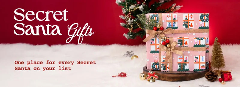 Secret Santa gifts banner with festive packaging and holiday decorations