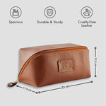 Tan leather dopp kit with size details