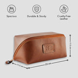 Tan leather dopp kit with size details