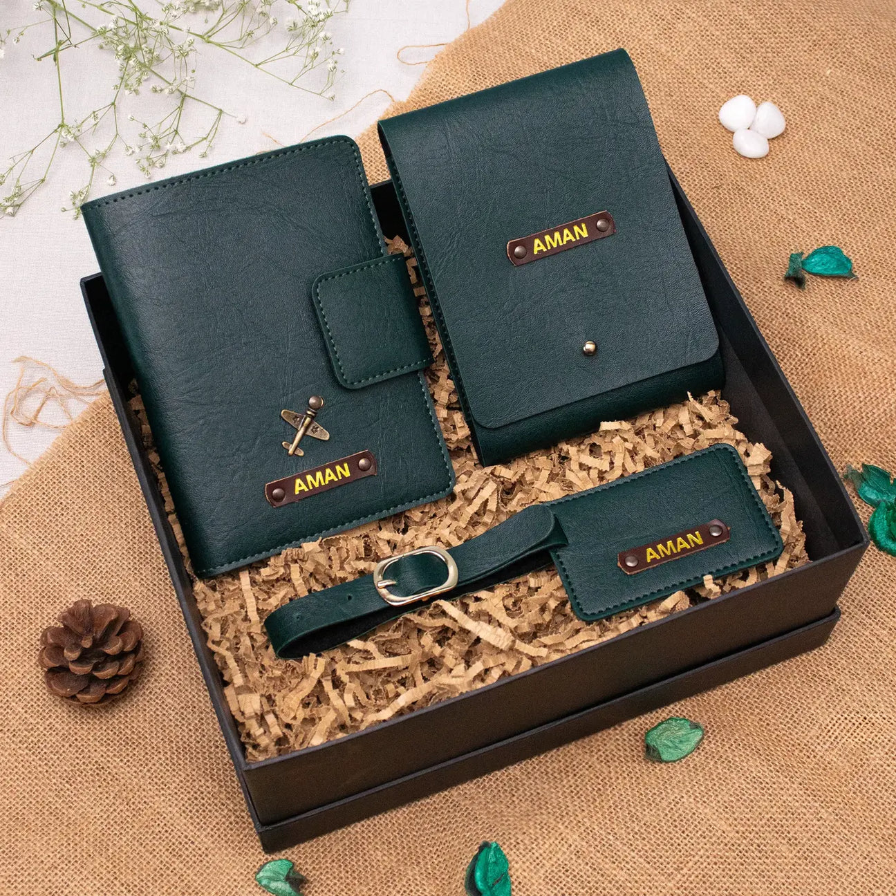 Personalised green travel gift set with name tags