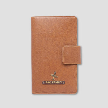 Brown leather family passport cover with custom Rao Family name plate