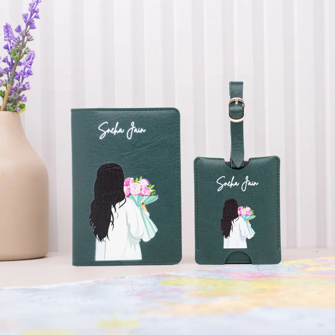 Personalized green bloom passport cover and luggage tag