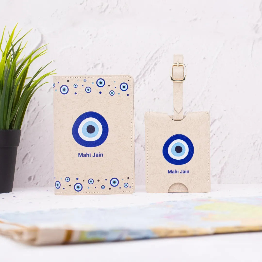 Personalized beige evil eye passport cover and luggage tag