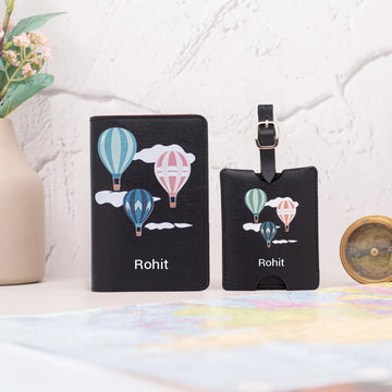 Personalized black hot air balloon passport cover and luggage tag