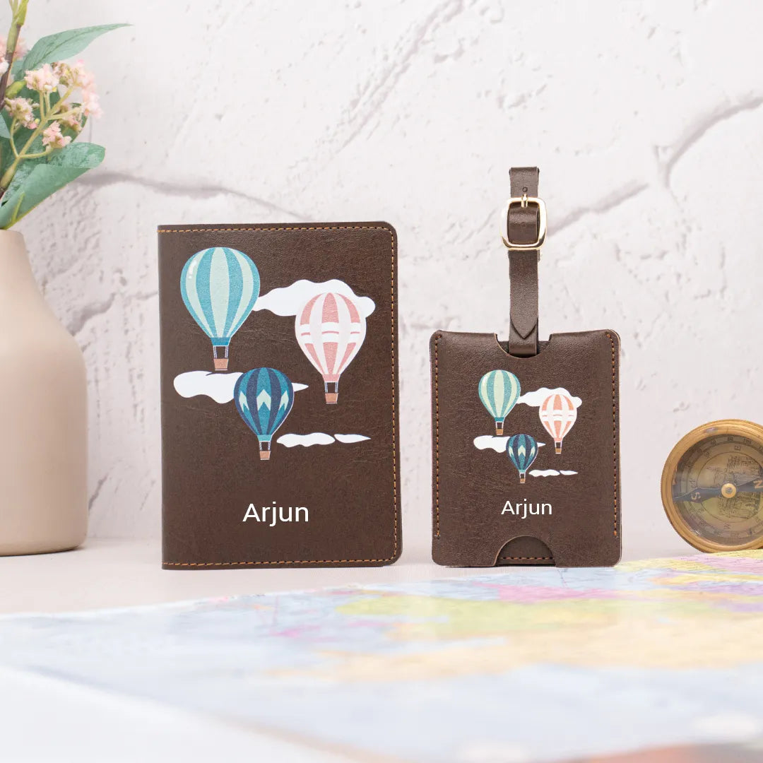 Personalized brown hot air balloon passport cover and luggage tag