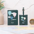Personalized green hot air balloon passport cover and luggage tag