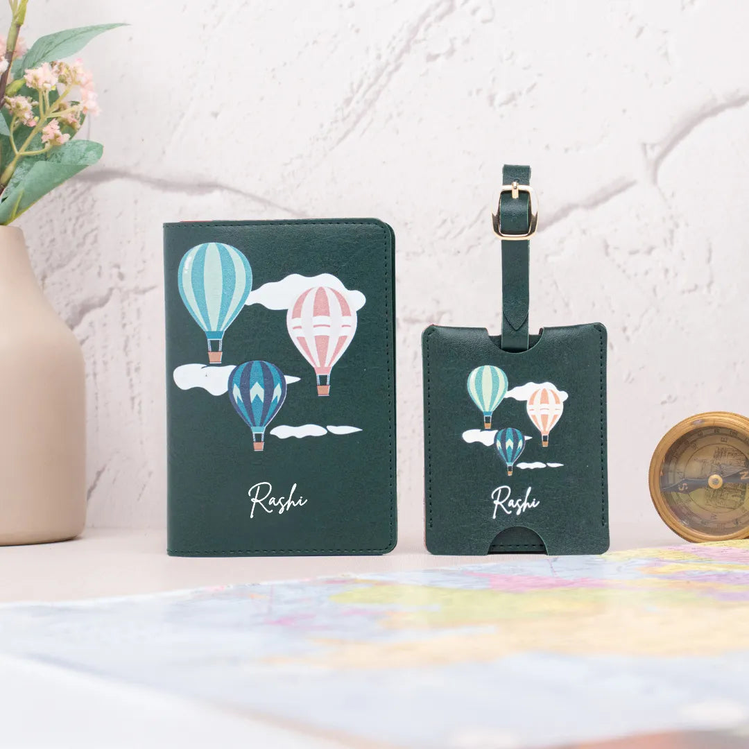 Personalized green hot air balloon passport cover and luggage tag