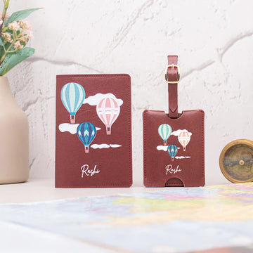 Personalized maroon hot air balloon passport cover and luggage tag