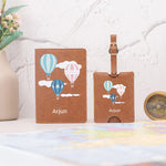 Personalized tan hot air balloon passport cover and luggage tag