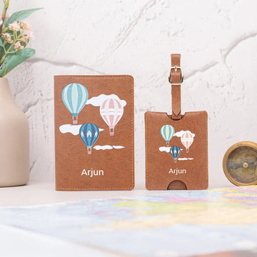 Personalized tan hot air balloon passport cover and luggage tag