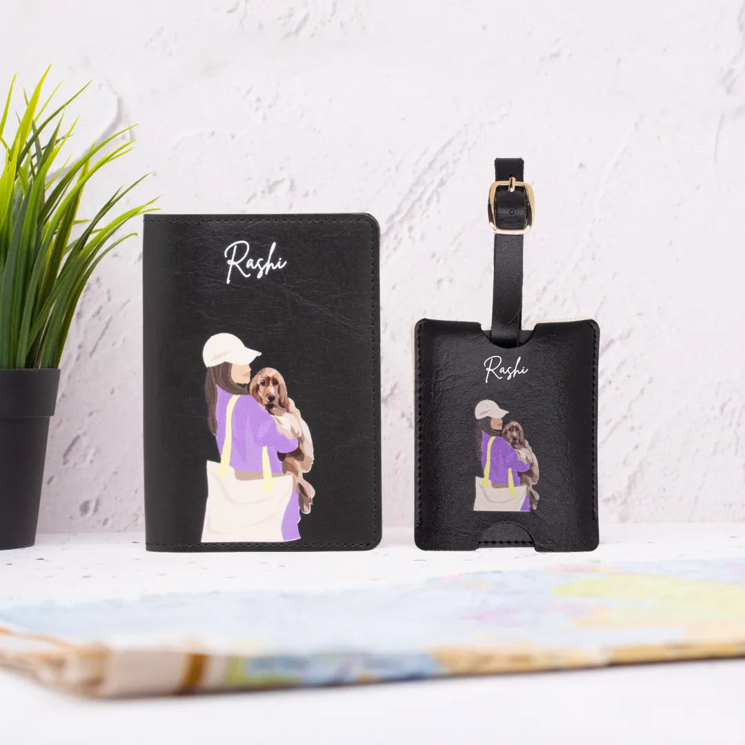 Personalized black pet lover passport cover and luggage tag