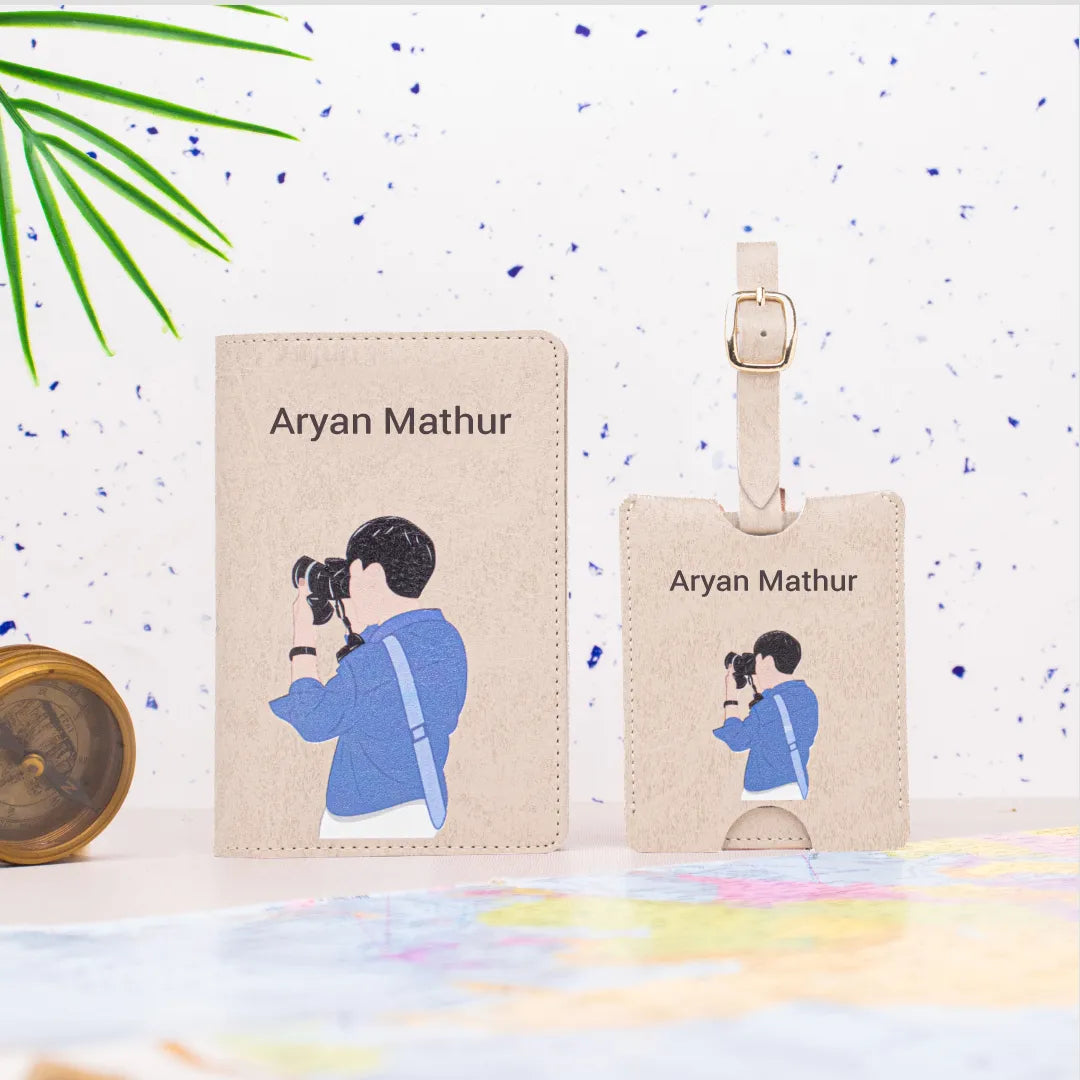 Personalized beige passport cover and luggage tag