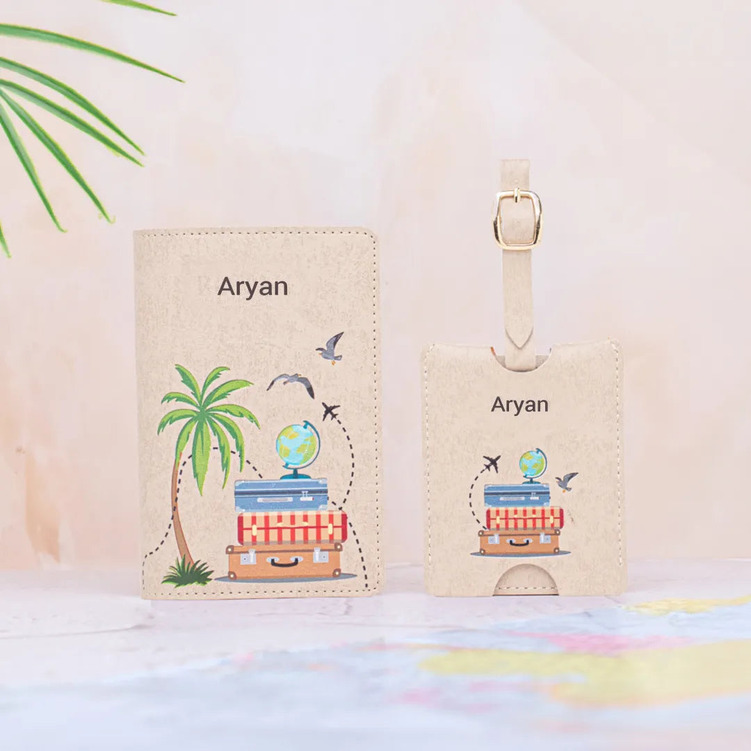 Personalized beige passport cover and luggage tag