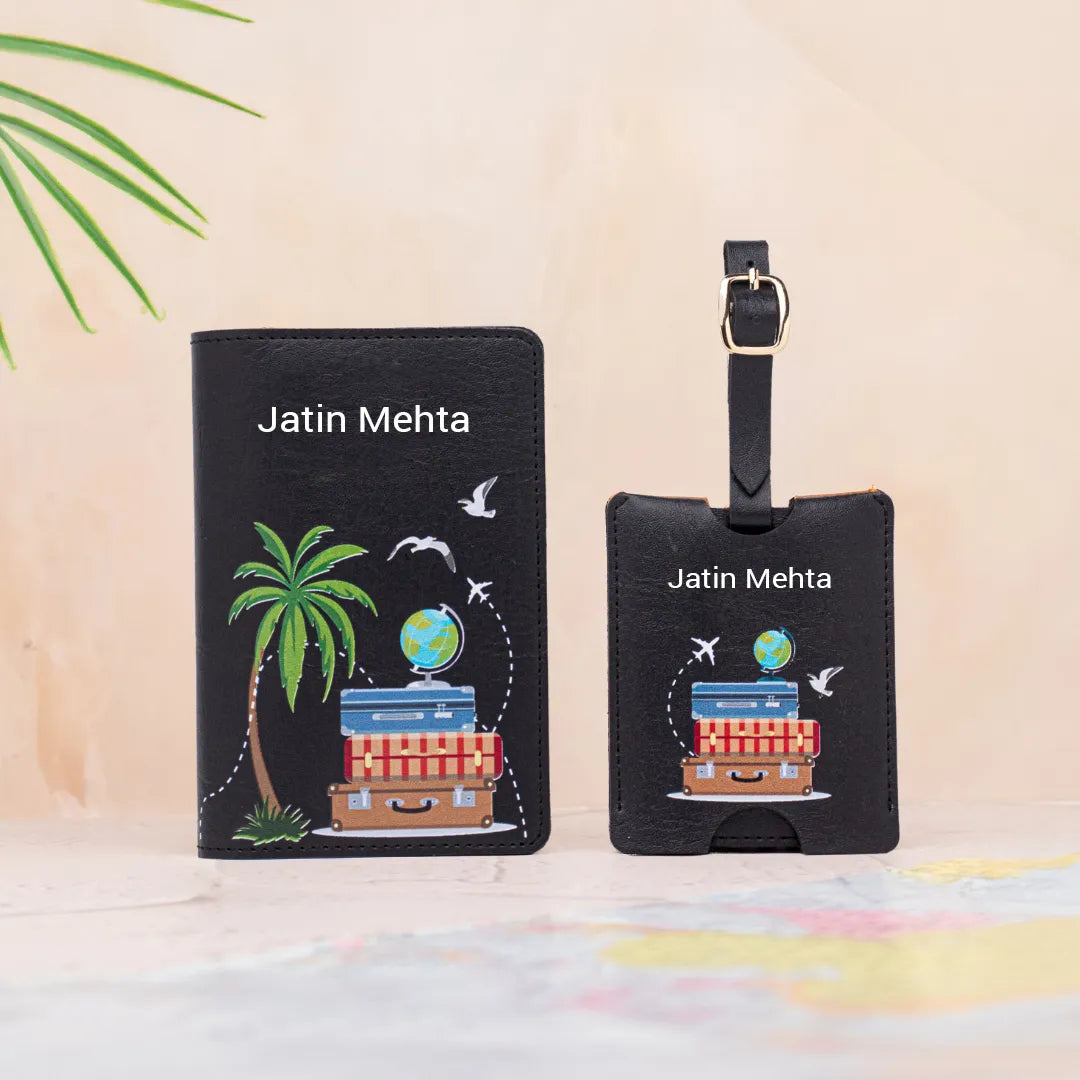 Personalized black passport cover and luggage tag