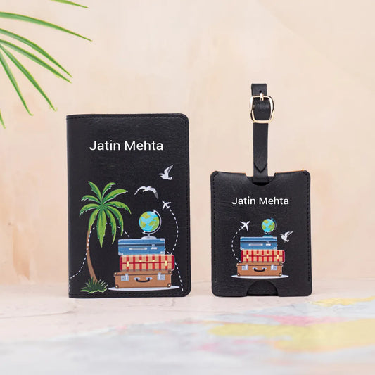 Personalized black passport cover and luggage tag