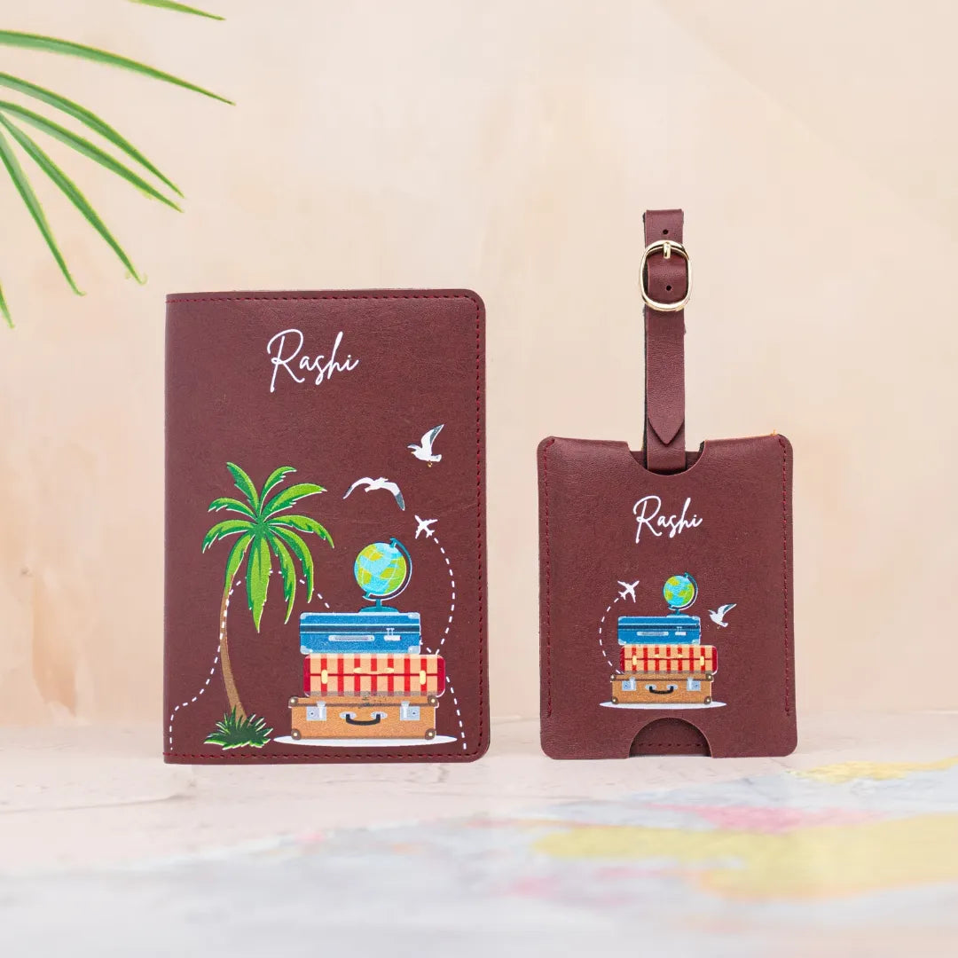 Personalized maroon passport cover and luggage tag