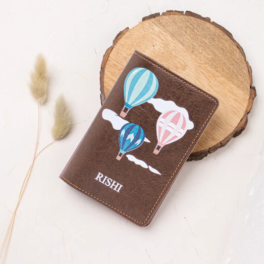 Personalised brown passport cover with balloon design