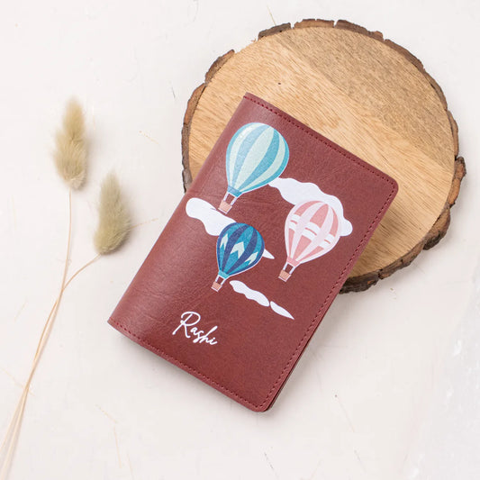 Personalised maroon passport cover with balloon design