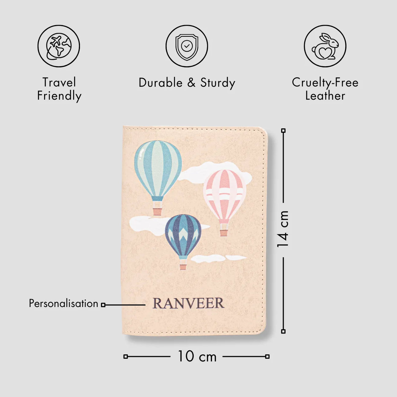 Personalised beige passport cover with balloon design with features