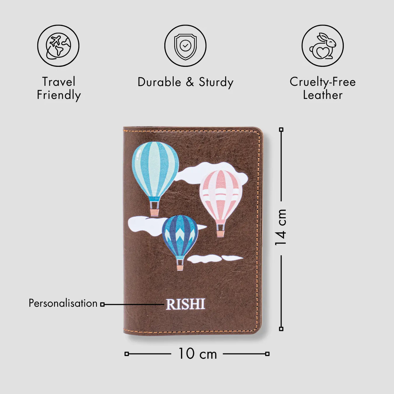 Personalised brown passport cover with balloon design with features