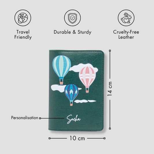 Personalised green passport cover with balloon design with features