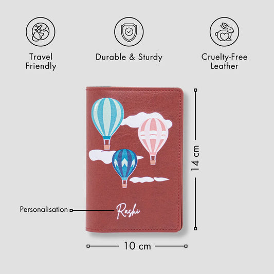 Personalised maroon passport cover with balloon design with features
