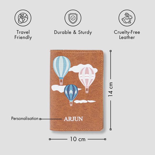 Personalised tan passport cover with balloon design with features