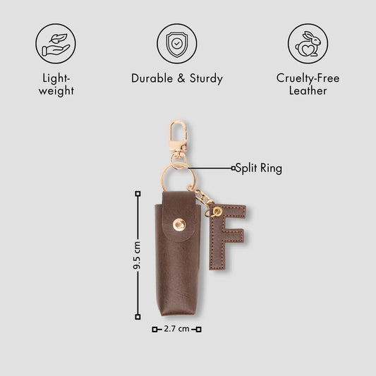 Brown keychain pouch with F charm