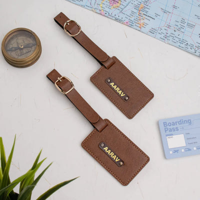 Tan luggage tags with name