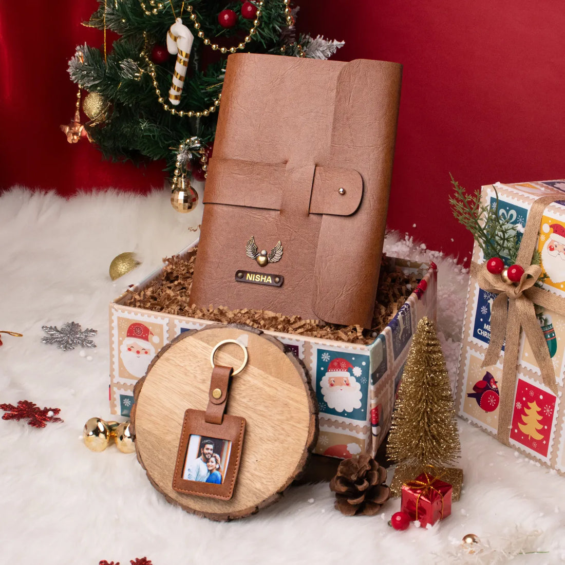 Festive gift set with personalised brown diary and photo keychain