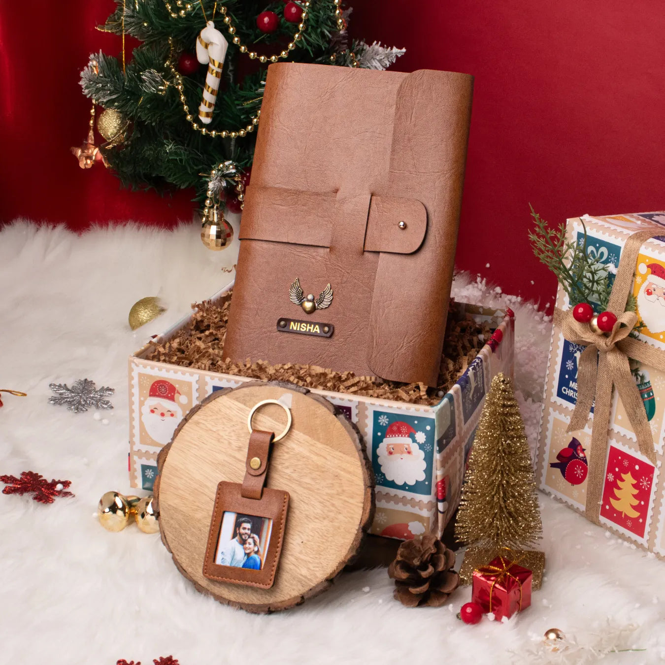 Festive gift set with personalised brown diary and photo keychain