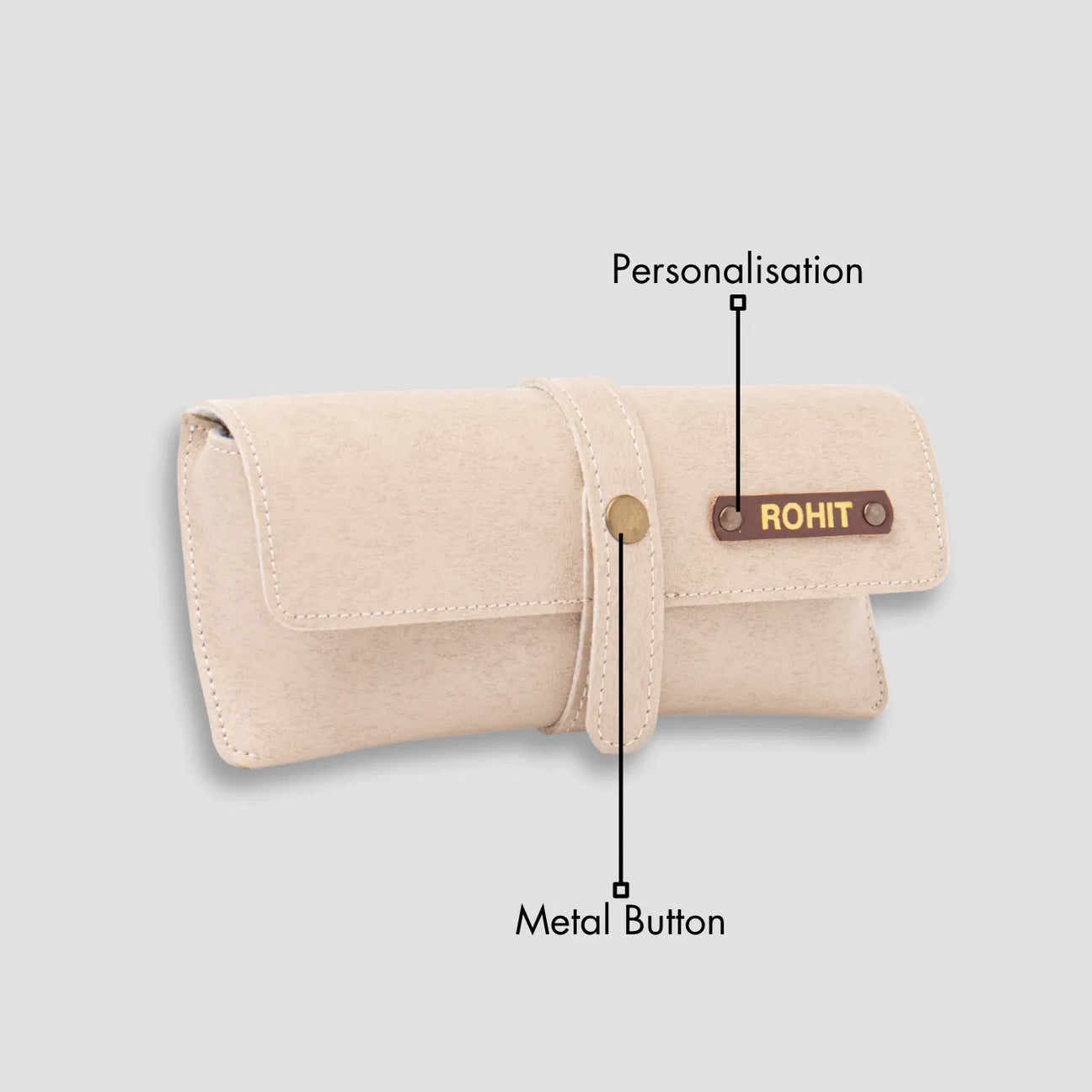 Beige personalised eyewear case with strap
