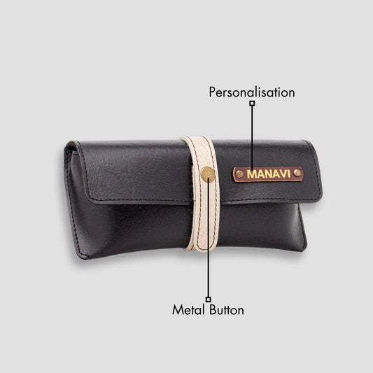 Black personalised eyewear case with strap