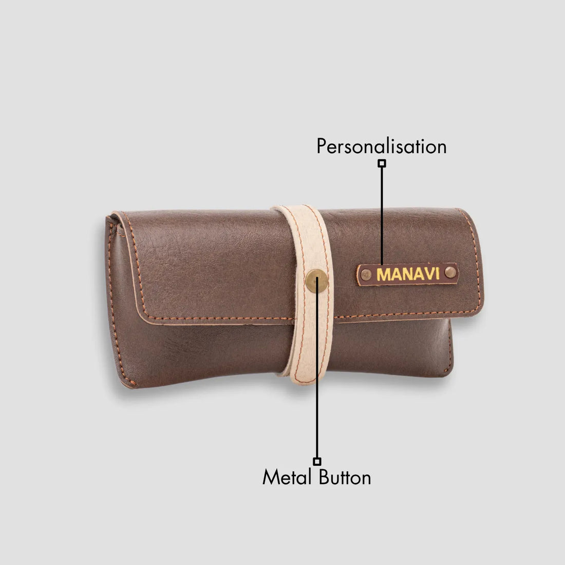 Brown personalised sunglass case with sunglasses