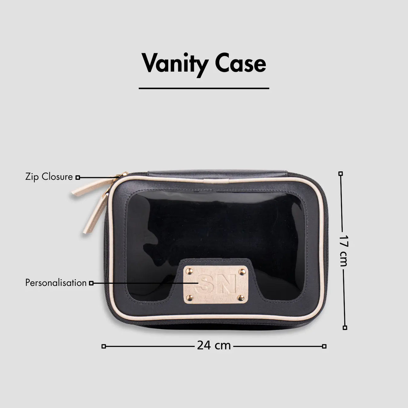 Black vanity case with zip closure, personalised charm, and size dimensions shown