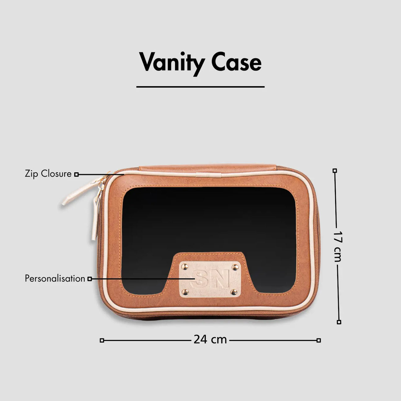 Tan vanity case with zip closure, personalised charm, and size dimensions shown