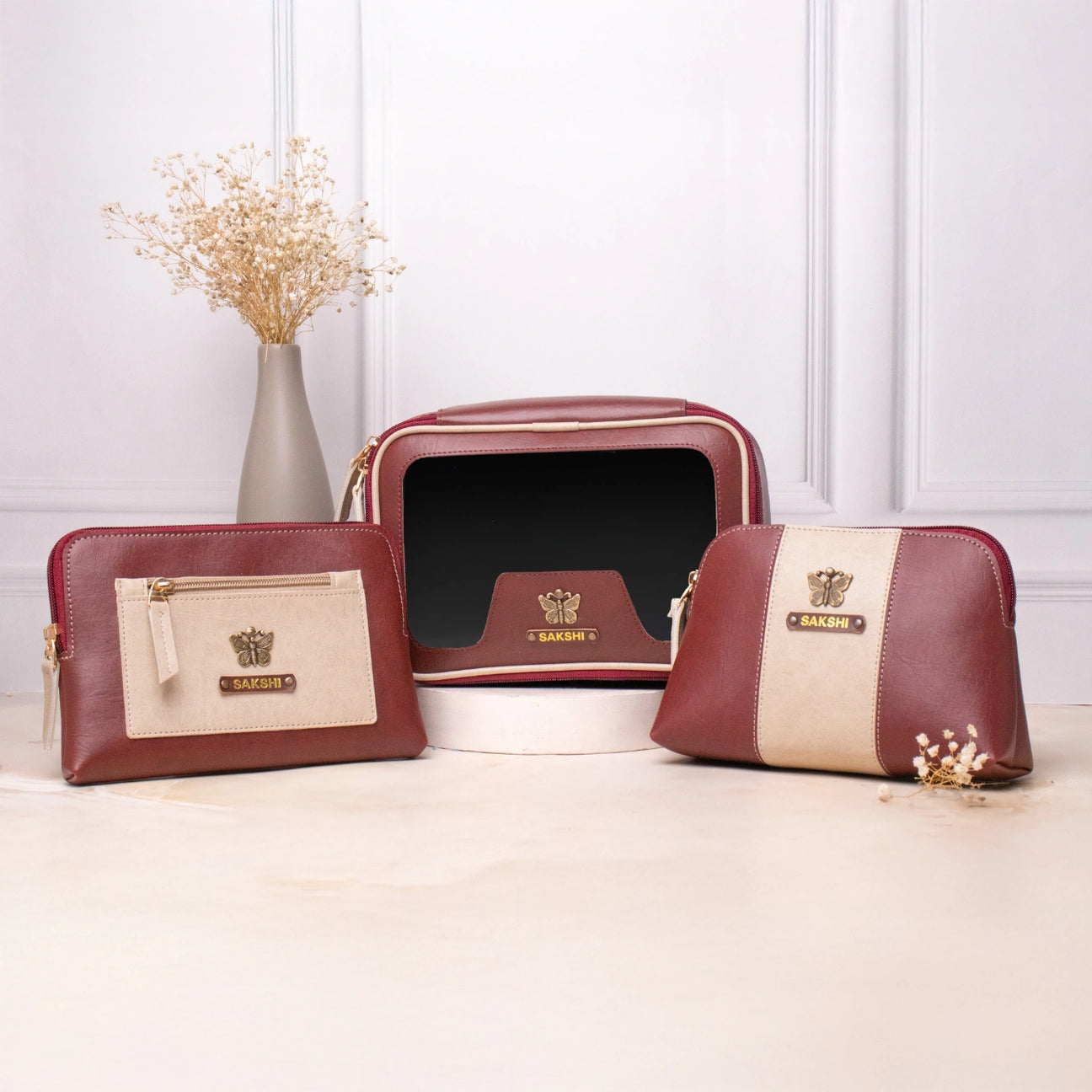 Personalised vanity kit set with maroon makeup pouches