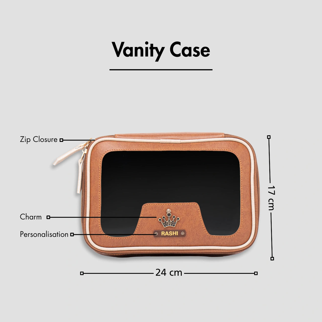 Tan vanity case with zip closure, personalised charm, and size dimensions shown