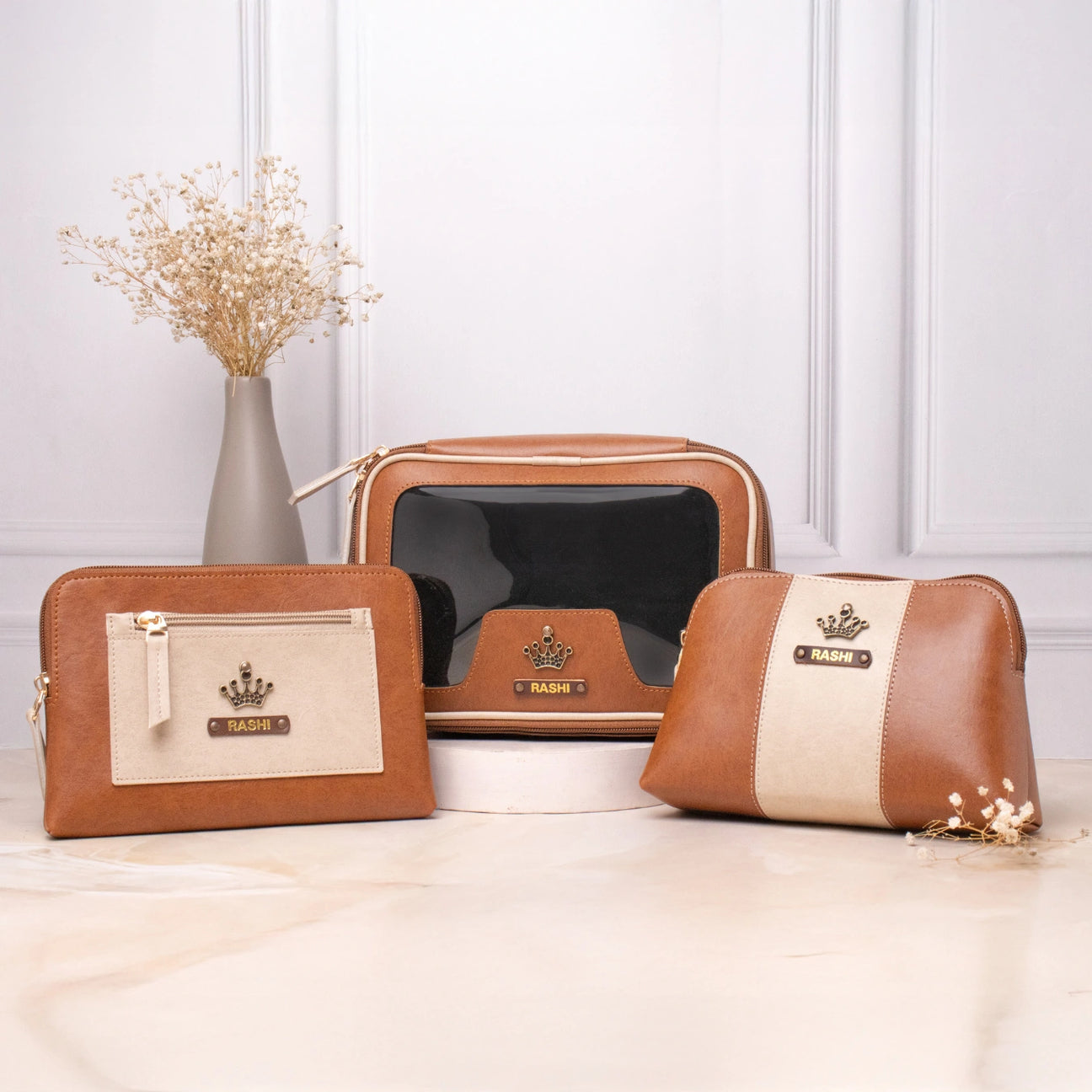 Personalised vanity kit set with tan makeup pouches
