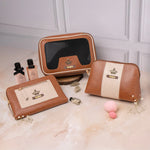 Personalised vanity kit set with tan makeup pouches and cosmetic items displayed
