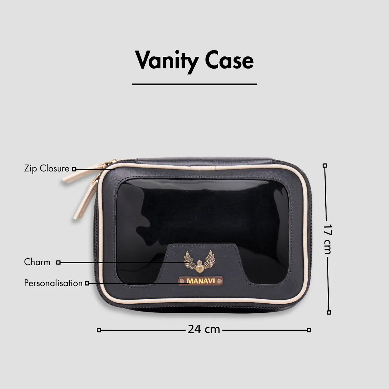 Black vanity case with zip closure, personalised charm, and size dimensions shown