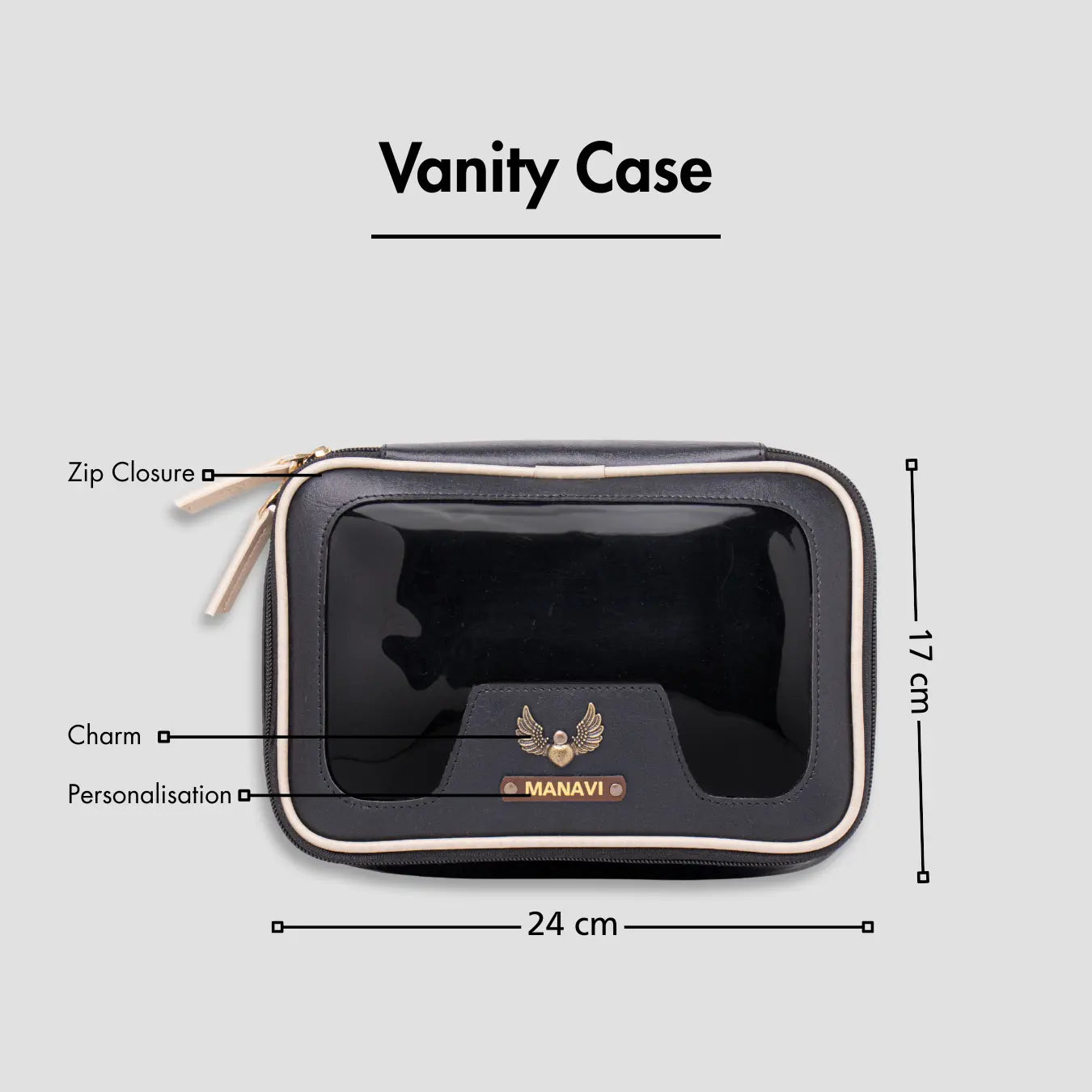 Black vanity case with zip closure, personalised charm, and size dimensions shown